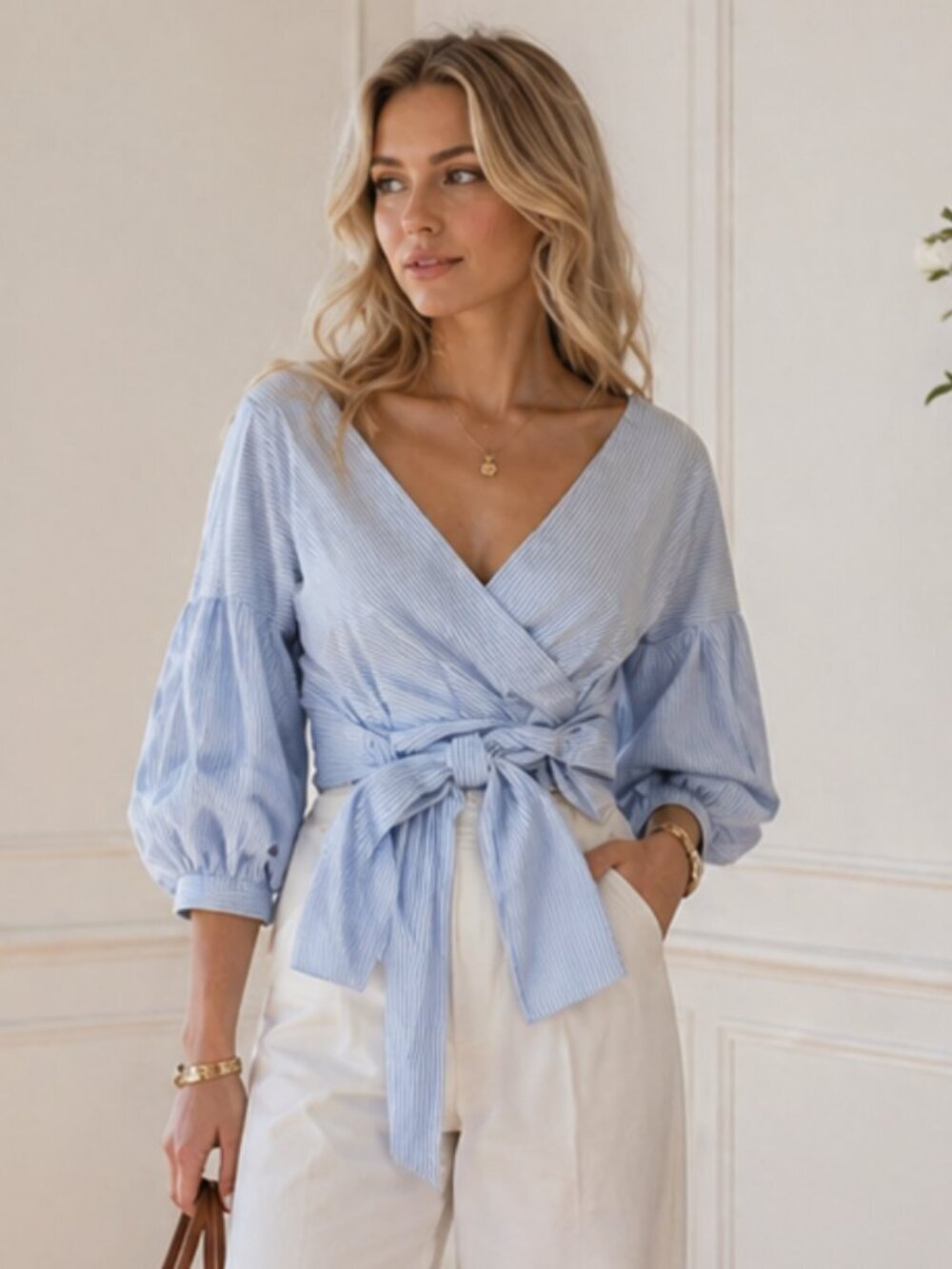 Blue White Pinstripe Wrap Blouse 3/4 Puff Sleeve Size Small